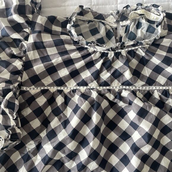 MARIE OLIVER Silk Blend Que Indigo Gingham Plaid Long Sleeve Ruffle Top L - Picture 4 of 15